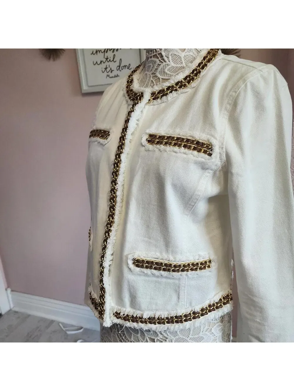 Michael Kors White Denim Jacket Gold Chain Trim Fringe Blazer 12